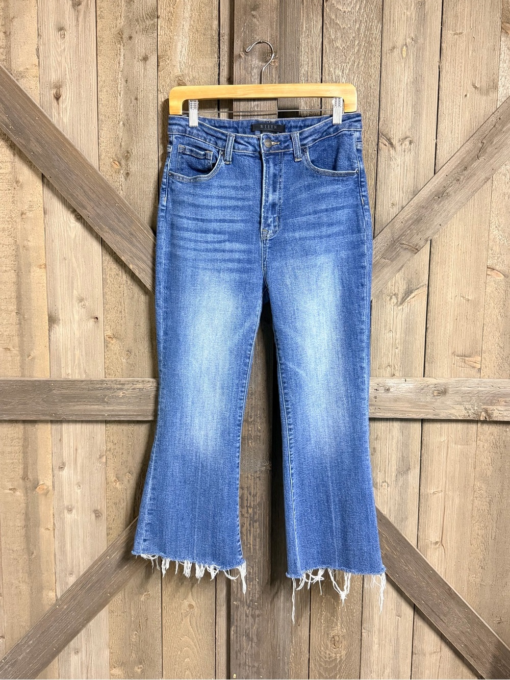 Risen Crop Flare Raw Hem Jeans
